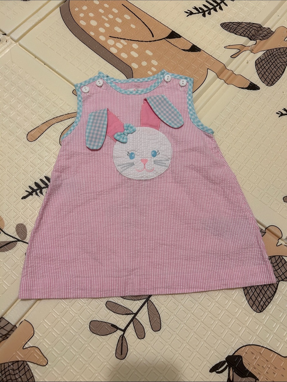 Petit Ami Pink Bunny Tank Dress with Blue Gingham Trim